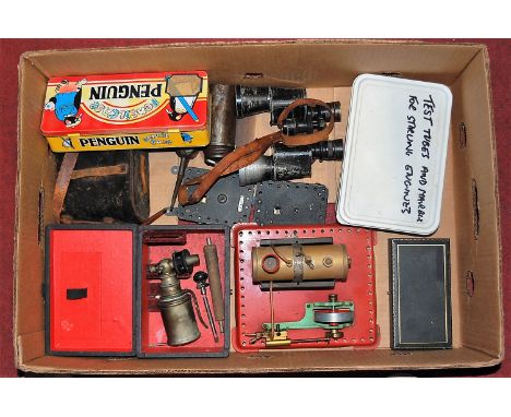 A large quantity of mixed items to include Mamod steam engine, various binoculars, test tubes and marbles for sterling engine
