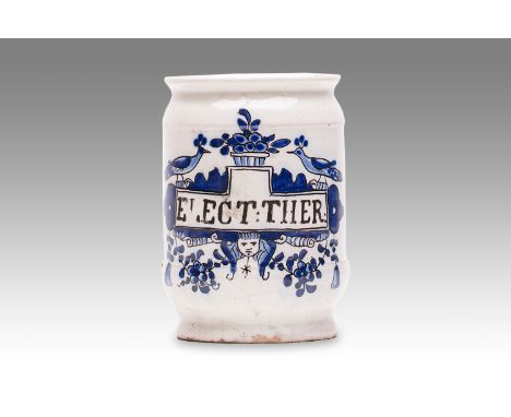 18th century | height: 14 cm | region: Delft | country: Holland | provenance: private pharmacy museum | Albarello faience pot