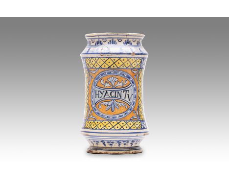 18th century | height: 21 cm | region: Siena | country: Italy | provenance: private pharmacy museum | Albarello faience potte