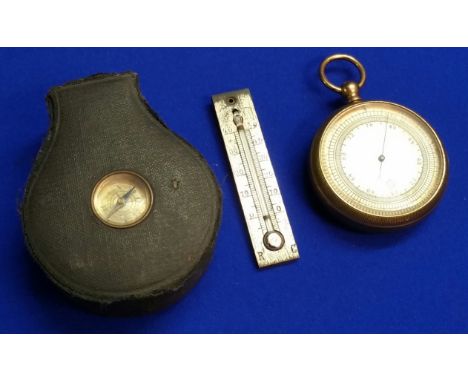 VICTORIAN CASED BRASS POCKET BAROMETER WITH BUILT IN THERMOMETER & COMPASS