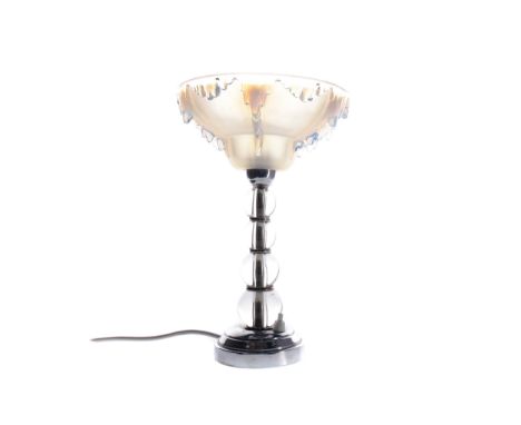 ART DECO TABLE LAMP, with Ezan opalescent glass bowl moulded with icicles, signed, on a chrome base, 31cm high