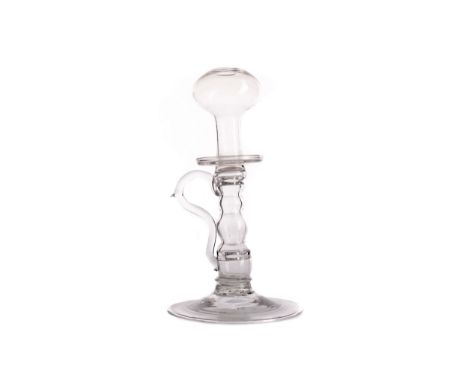 LATE 18TH CENTURY LACE MAKER'S LAMP, with applied strap handle, folded foot, unpolished pontil, 24cm high
