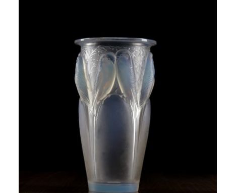 LALIQUE 'CEYLAN' PATTERN OPALESCENT GLASS VASE, the tapering circular vase moulded with budgerigars, with etched 'R. Lalique,