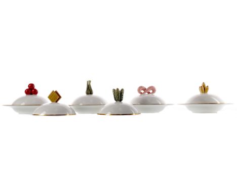 SET OF SIX ROYAL WORCESTER FOR ASPREY HORS D'OEUVRES DISHES, each with cover with handle moulded in the form of one of six fo