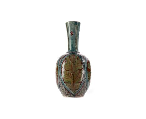 DELLA ROBBIA POTTERY VASE, of ovoid form with trumpet neck, painted and impressed marks to base, 22.5cm high