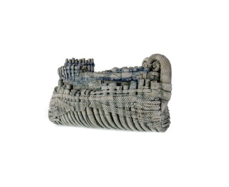 CONTEMPORARY STUDIO CERAMIC BOAT BY LARA SCOBIE, with incised decoration, blue highlights on a white ground, signed, 27cm wid