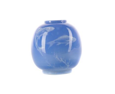 ROYAL WORCESTER SABRINA PORCELAIN VASE,decorated with fish on a blue ground, marks to underside, 8cm high