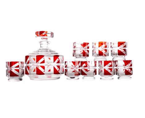 ART DECO BOHEMIAN GLASS LIQUEUR SET, comprising a faceted circular ruby flashed decanter with stopper, 16.5cm high, along wit