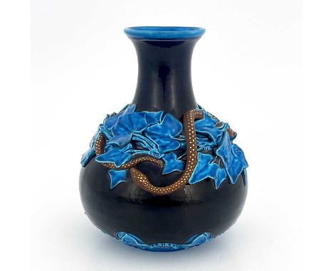 James Hadley for Royal Worcester, an Aesthetic Movement vase, circa 1870s, baluster form relief moulded with serpents entwine