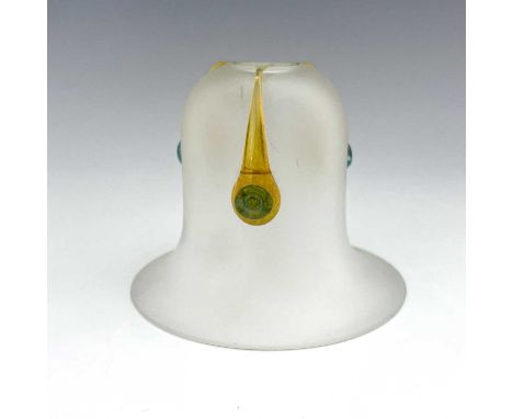 An Arts and Crafts type glass light shade, possibly Stevens and Williams, the frosted bell form bowl with applied peacock tra