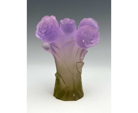 A Daum pate-de-verre glass vase, relief moulded as a bouquet of roses, lilac draining to topaz, engraved mark, Daum, France 1