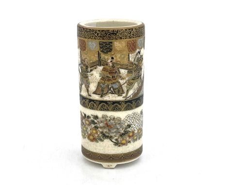 Ryozan (probably Okamoto), a Japanese Satsuma vase, of cylindrical brush pot form, painted with a band of Samurai warriors in