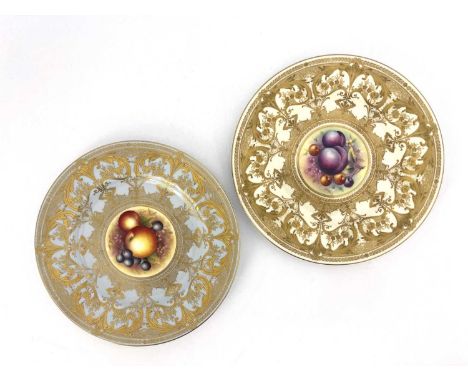 F Higgins and Cooper for Royal Worcester, two fruit painted cabinet plates, circa 1980, decorated with apples, grapes, plums 