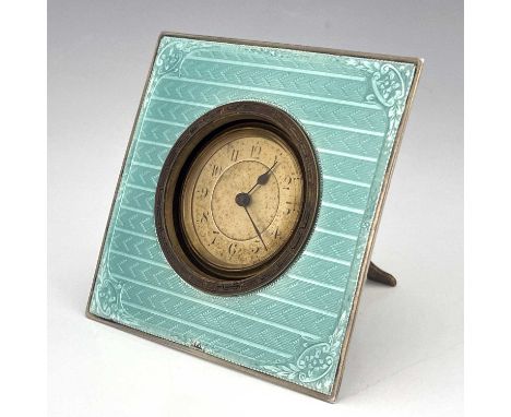 An Art Deco silver and enamelled clock, Charles S Green and Co., Birmingham 1930, square section, turquoise guilloche enamel 
