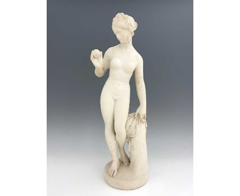 Thomas Brock for Royal Worcester, Bather Surprised, a glazed parian figure, modelled as a nude woman resting on a tree stump,