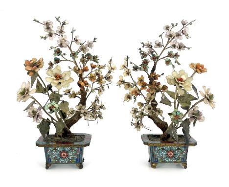 A pair of Chinese 'Bonsai' trees, Qing Dynasty, hardstone foliage, and jade leaves, in rectangular cloisonne planters raised 
