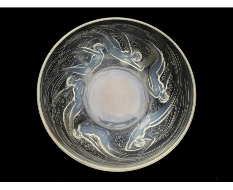 Rene Lalique, an Ondines opalescent glass bowl, model 380, designed circa 1921, frosted and polished, moulded mark R Lalique,