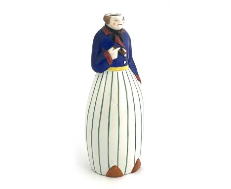 J Bastard for Robj, an Art Deco novelty figural bottle flask, circa 1925, modelled as a Dutch man holding a pipe, blue jacket