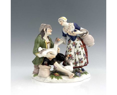 A Meissen figure group, The Deal with Goose, model 720, late 19th or early 20th century, after J J Kaendler, modelled as a pe