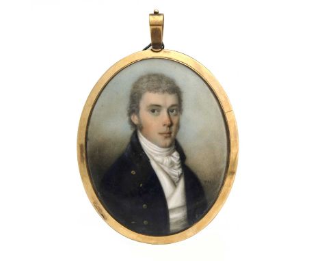 An early 19th century portrait miniature, painted to depict a gentleman in a dark blue goat and cravat, signed 'T.H.', on ivo