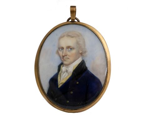 A portrait miniature painted circa. 1800 to depict a man in blue coat and white neck cloth, on ivory, striking blue guilloché