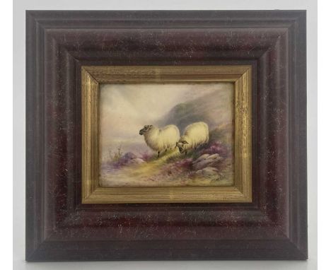 E Barker for Royal Worcester, a Highland Sheep painted plaque, rectangular form, decorated with two sheep in a misty heather 