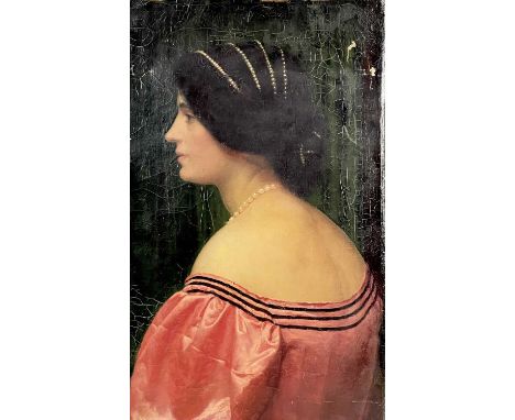 British School, late 19th Century, a portrait of a lady, bust-length in profile wearing pearls and a pink silk dress, oil on 