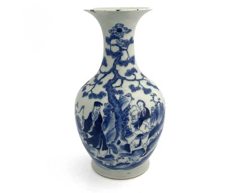 A Chinese blue &amp; white porcelain baluster vase, decorated with oriental figures , probably representing a fable. An old m