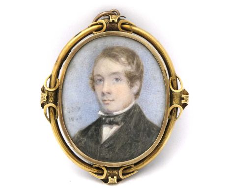 J.H.W., a portrait miniature painted in 1848 to depict a gentleman, signed, on ivory, glazed hair reverse, 4.8 by 4cm, framed