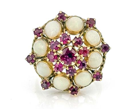 An 18k gold opal and ruby cluster ring, ring size Q 1/2, 5.8g