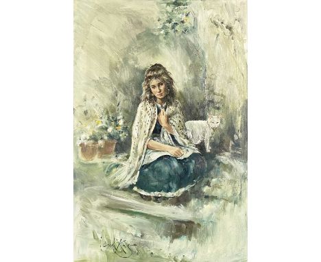 Gordon King (British, 1939-2022), The Artist's Studio - Model and Cat, signed l.l., oil on canvas, 90 by 60cm, framed