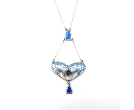 Charles Horner, an Arts and Crafts silver and enamelled pendant necklace, Chester 1908, the heart shaped pierced wing form pl