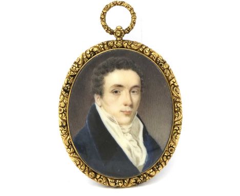 George Patten (British, 1801-1865), a portrait miniature to memorialise a young man, painted in blue coat and white cravat, c