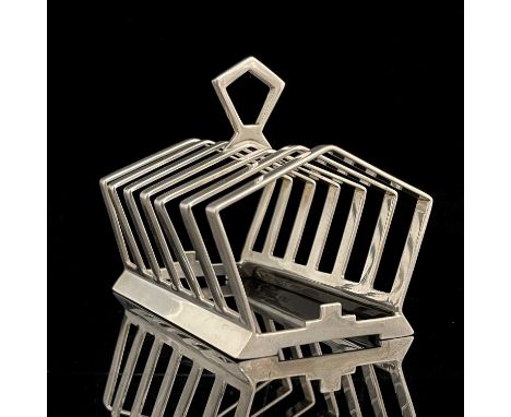 Keith Murray for Mappin and Webb, an Art Deco silver plated six division toast rack, circa 1934, the pentagonal dividers with