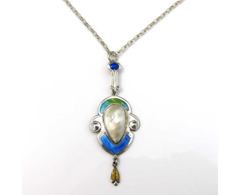 James Fenton, an Arts and Crafts silver and enamelled pendant, Birmingham 1910, the foliate cartouche form plaque set with a 