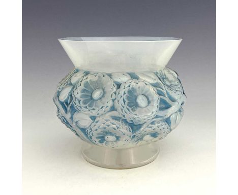 Rene Lalique, a Soucis opalescent glass vase, model 1039, designed circa 1930, polished and frosted with blue staining, etche