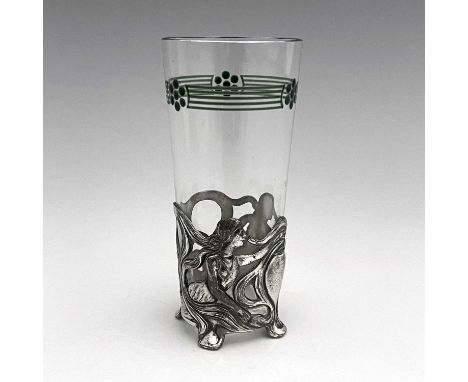 WMF, a Jugendstil silver plate and enamelled glass vase, the cylindrical beaker with band of rosettes and stripes in green en