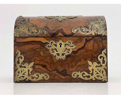 A Victorian figured walnut and gilt brass tea caddy, Manning, Worcester, domed form with chased and fretted gilt brass corner