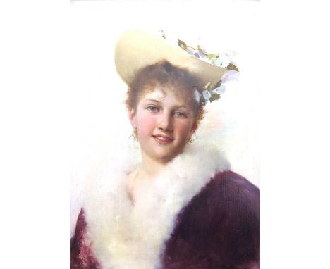Gustave Jean Jacquet (French, 1846-1909), The Easter Bonnet, signed l.r., titled on the plaque below, oil on panel, 25 by 18c