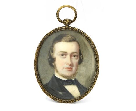 A 19th century portrait miniature painted to depict a gentleman in black neckcloth and jacket, on ivory, guilloché metal desi