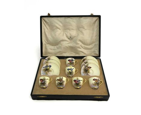 E Barker for Royal Worcester, a bird painted coffee set, decorated with English garden birds, including robin, wren, bullfinc
