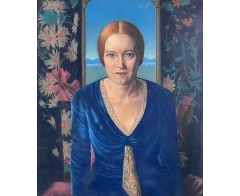 William Francis Vere Kebbell,  (1888-1963), Portrait of Joanna Denise Vere Kebbell, half length wearing a blue velvet dress s