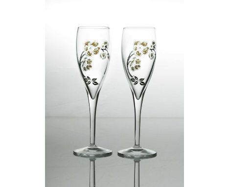 Emile Galle for Perrier Jouet, a pair of Belle Epoque enamelled glass Champagne flutes, originally designed circa 1902, each 