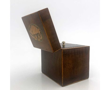 A George III mahogany and satinwood strung tea caddy, circa 1780, cuboid form with harewood shell motif to the lid in the She