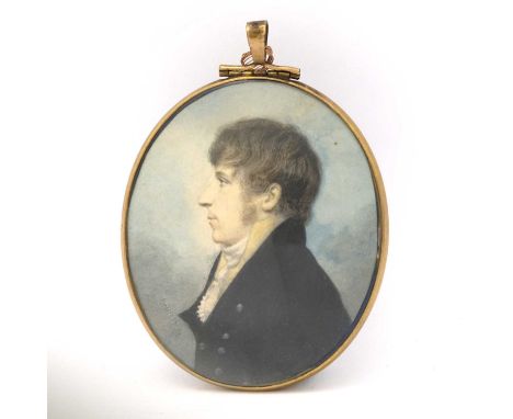 John Turmeau (British, 1777-1846), a side profile portrait miniature painted circa.1810, to depict a gentleman dressed in a w