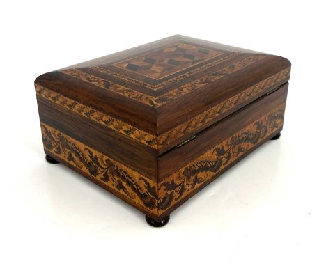 A Victorian Tunbridge Ware sewing box, cushion topped cuboid form, inlaid with a parquetry panel of specimen woods, within gr