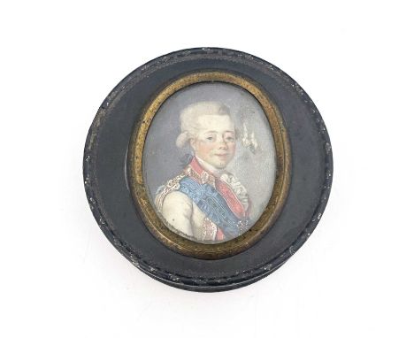 An oval portrait miniature of Paul I of Russia (1754-1801), circa 1790, bust-length wearing a blue sash, on ivory, 5.5 by 4cm