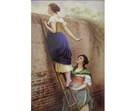 R Wagner for KPM, a Berlin rectangular plaque, late 19th early 20th century, finely painted with two young women, one peeping