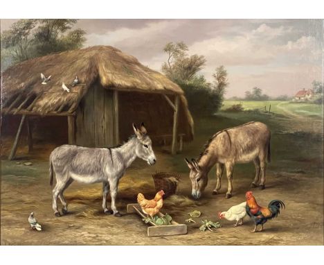 Edgar Hunt (British, 1876-1953), Farmyard Friends - Donkeys and Hens in a Farmyard, signed and dated 1922 l.l., oil on canvas