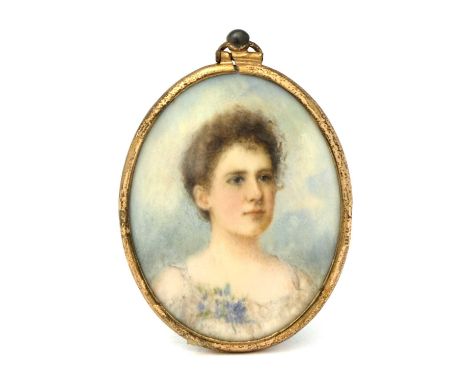 A late 19th century portrait miniature, painted to depict a young woman with blue flowers, on ivory, glazed hair reverse, 5.5